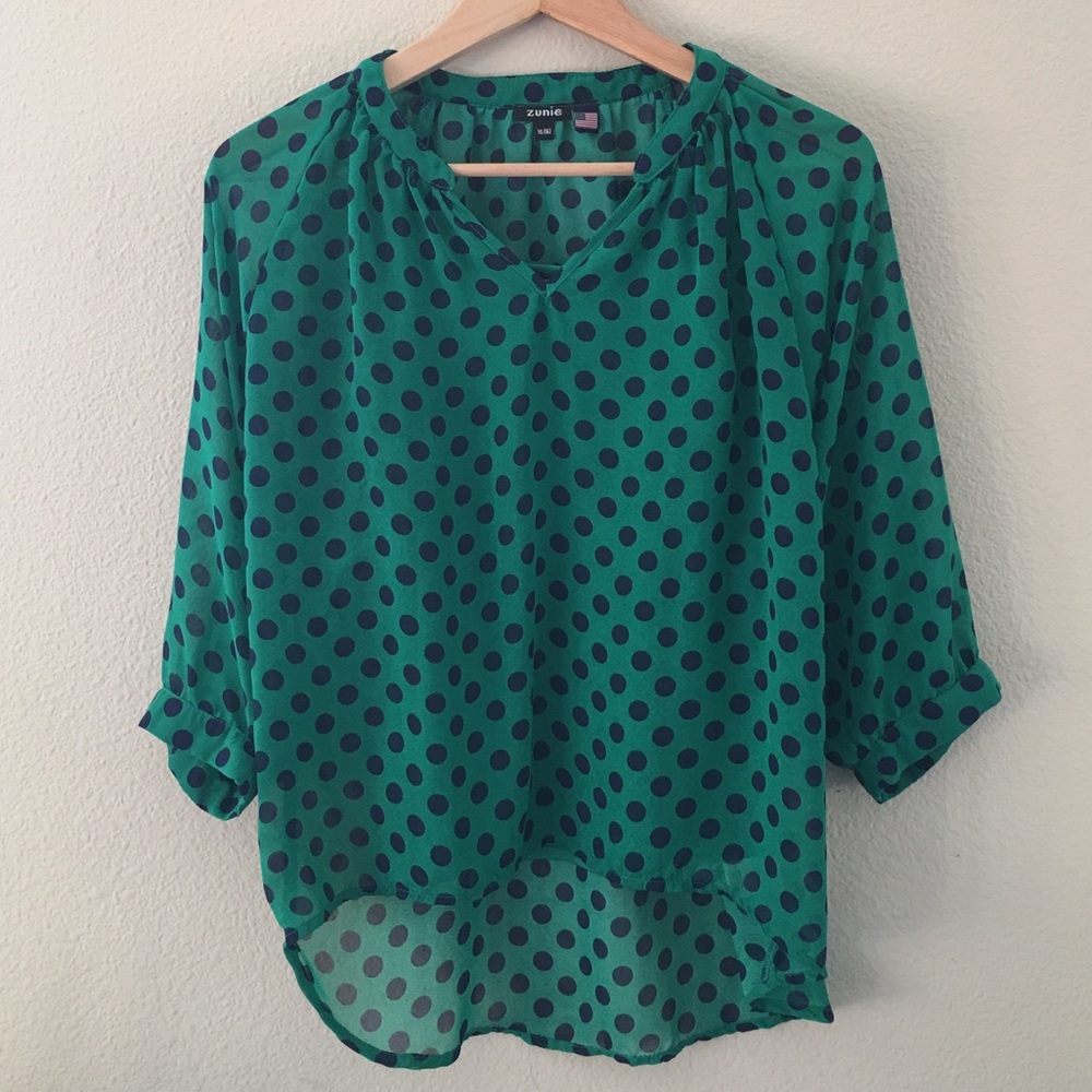 Zune Green Top with Navy Blue Polka Dots